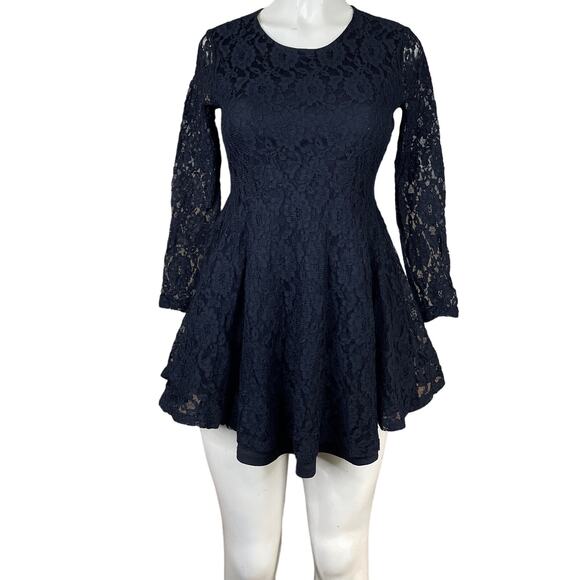 Altar'd State Lace Long Sleeve Mini Skater Dress Solid Black Size Small - Picture 1 of 11
